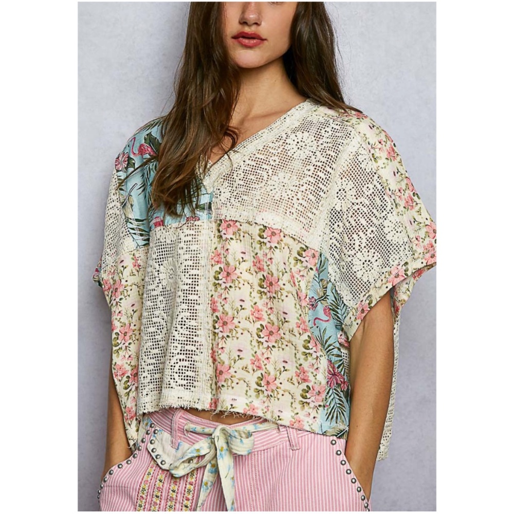 Pol Natural V neck Floral Flamingo Print Semi Sheer Lace Short Sleeve top